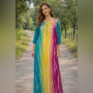 Soft Surroundings Silk Tie Dye Long Sleeve Maxi Cover Up Caftan Dress PM